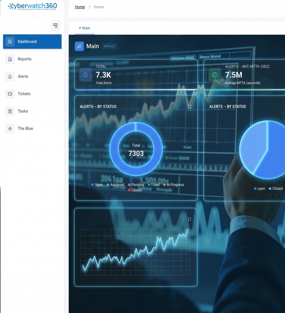 Cyberwatch360 dashboard showing alerts, MTTA, and status charts